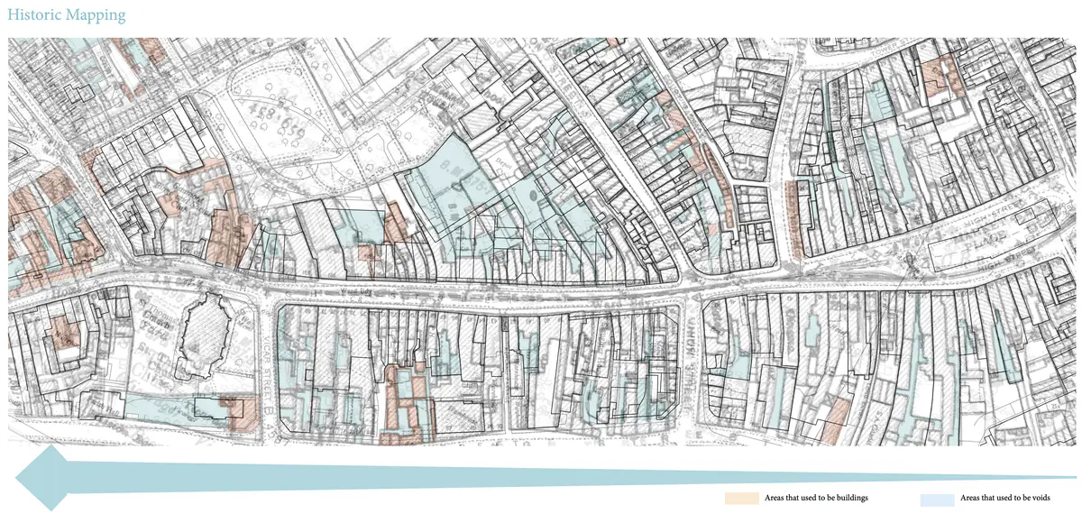 Explore The History Of Site Voids - This will provide an opportunity to reimplement these to allow vertical green corridors to occur.

Explore Vacant Buildings - To avoid damaging an already deteriorating high street, I aim only to take over vacant plots.

Investigate the opportunity for Miyawaki planting - understand the conditions required to grow a sustainable material source on-site, including ground, water, and space conditions.

It takes over a building that leads directly to an open space where a community hub is the centre of the thesis, offering education, community engagement and material celebration. - Ryan Cooksey Material Celebration Hub 5.png